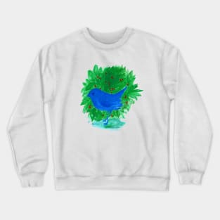 blue bird and shrub watercolor painting Crewneck Sweatshirt